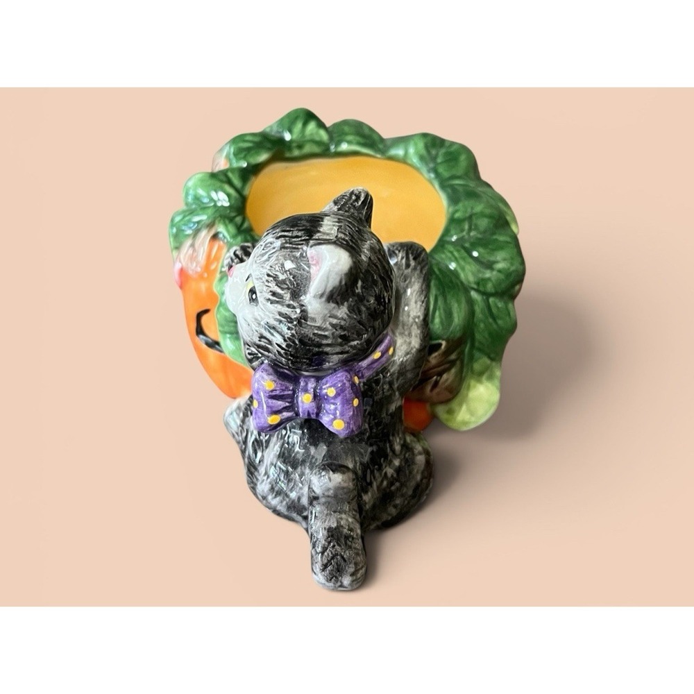 Fitz & Floyd Essentials Halloween Kitty Pumpkin Candle Holder Jar Jack-O-Lantern - Picture 10 of 12
